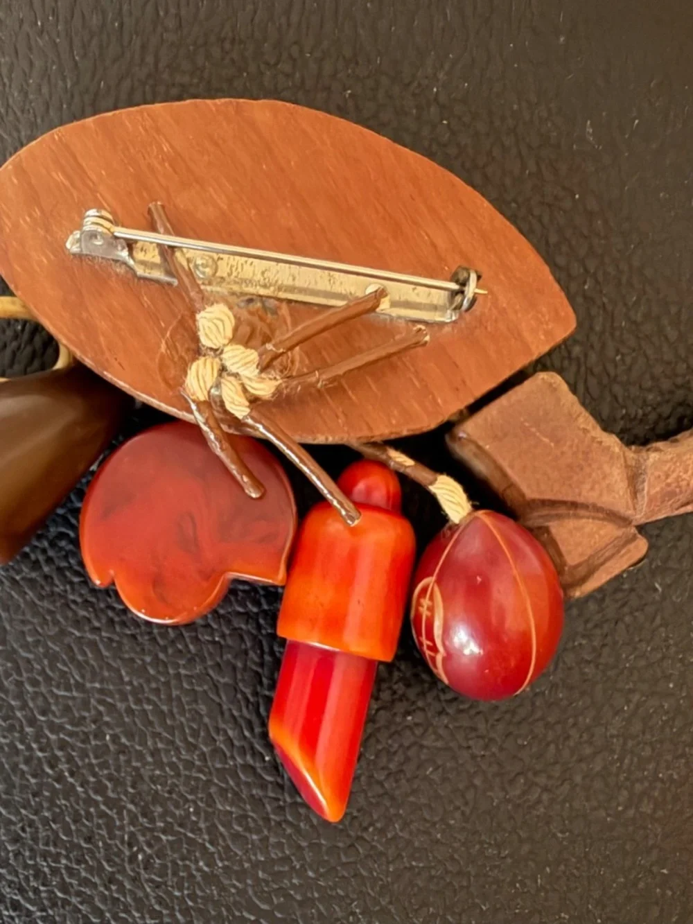 Rare Vintage 1940's Bakelite & Carved Wood Varsity Sports Figural Dangle Brooch
